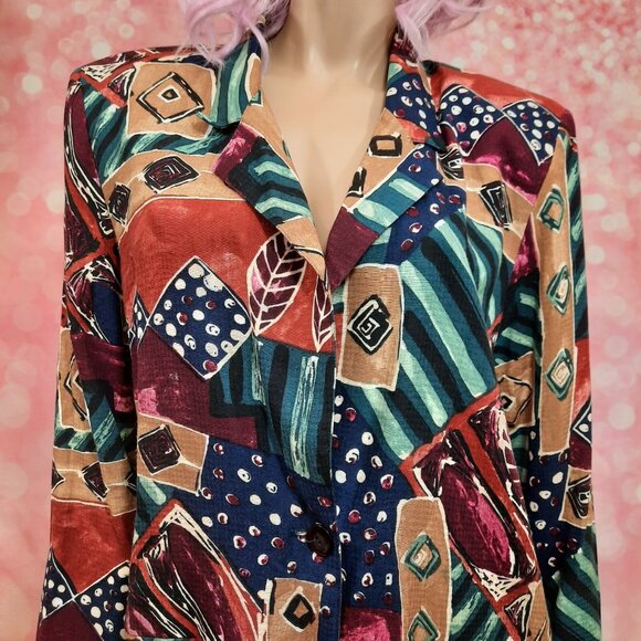 Vintage 80s Funky Tribal Print Oversized Blazer Womens Size M Rayon - Picture 2 of 12